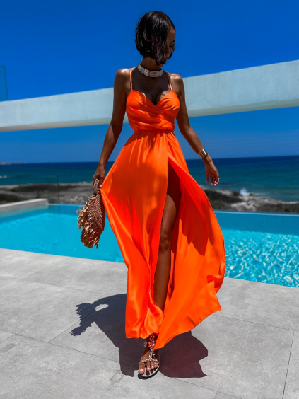 Neon oranžové elegantní šaty PATILLA s rozparkem (Velikost ONESIZE)