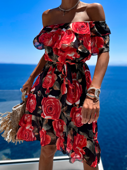 Čierne kvetinové šaty ROCCO s volánikmi (Veľkosť ONESIZE)