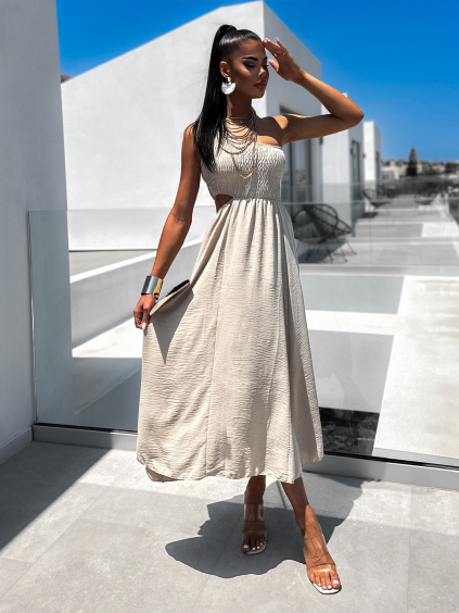 Béžové dlhé elegantné šaty LUTISO s prestrihmi (Veľkosť ONESIZE)