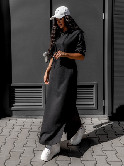 Čierne dlhé mikinové šaty CENTAENY s kapucňou (Veľkosť ONESIZE)