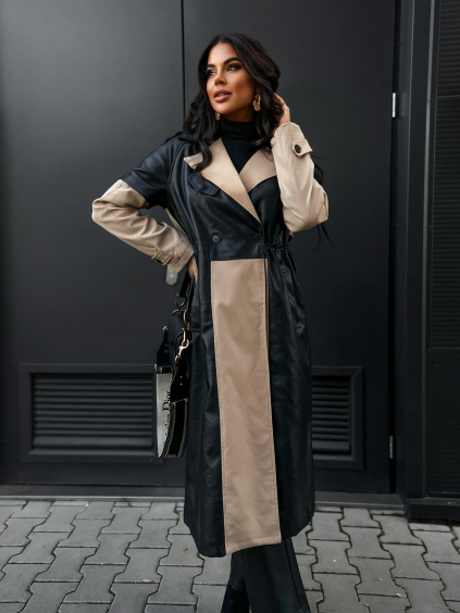 Čiernohnedý koženkový dlhý kabát DIVADO (Veľkosť ONESIZE)