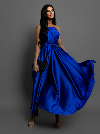 Kráľovsky modré dlhé lesklé elegantné šaty MADES so zaväzovaním (Veľkosť ONESIZE)