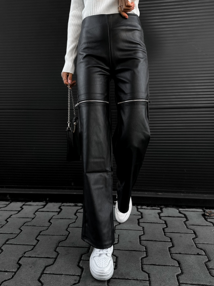 Černé koženkové kalhoty EVETE se zipy (Veľkosť L)
