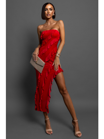 Červené elegantné šaty SIVAS s volánikmi (Veľkosť ONESIZE)