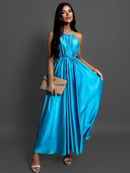 Tyrkysové dlhé saténové šaty MADES (Veľkosť ONESIZE)