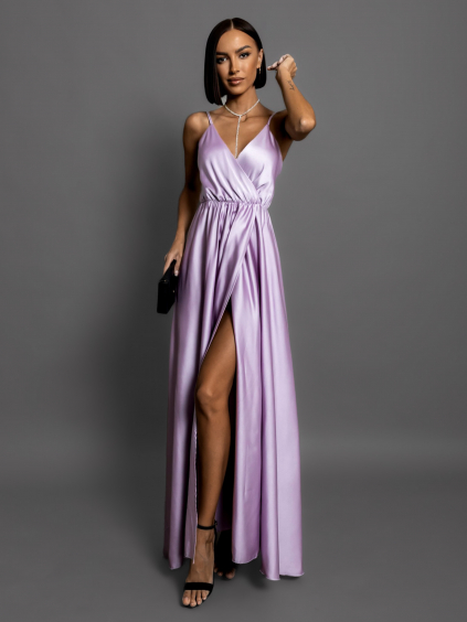 Svetlo fialové dlhé saténové šaty PERFECTLY (Veľkosť ONESIZE)