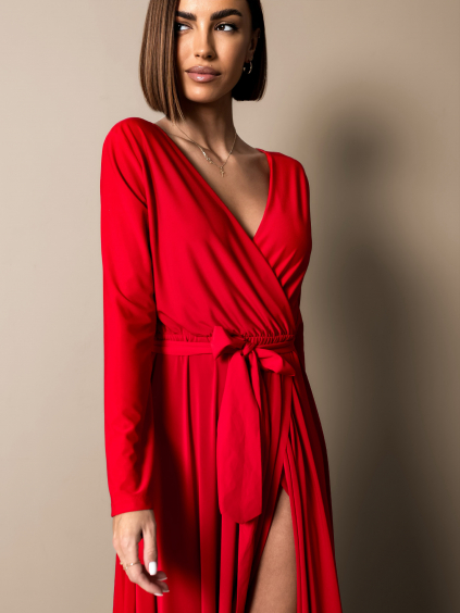 Červená dlhé elegantné šaty JOELLIAN s opaskom (Veľkosť ONESIZE)