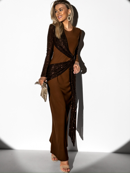 Hnedé spoločenské šaty KORA s flitrami (Veľkosť ONESIZE)