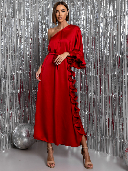 Červené elegantné šaty DORRY cez jedno rameno (Veľkosť ONESIZE)