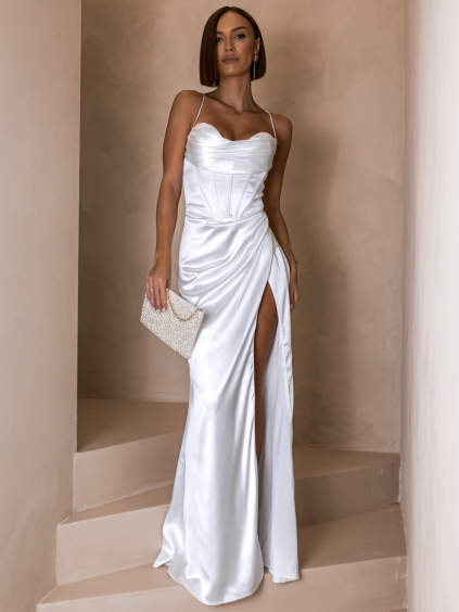 Biele dlhé plesové elegantné šaty VOLINET (Veľkosť S)