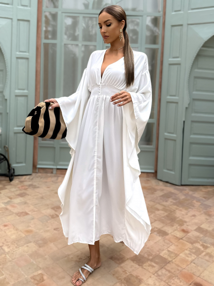 Bílé dlouhé šaty KIERANES s volnými rukávy (Velikost ONESIZE)