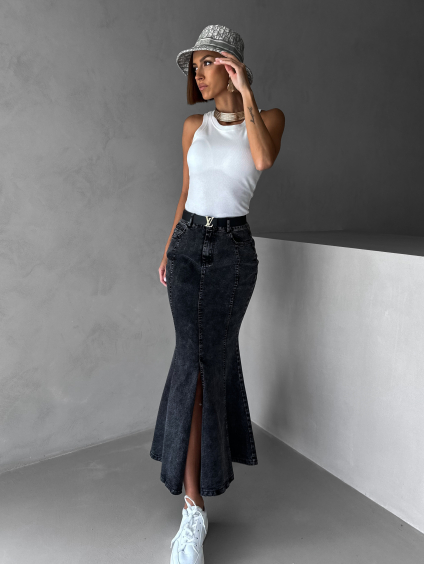 Černá dlouhá džínová sukně DAMIOS s rozparkem (Veľkosť L)