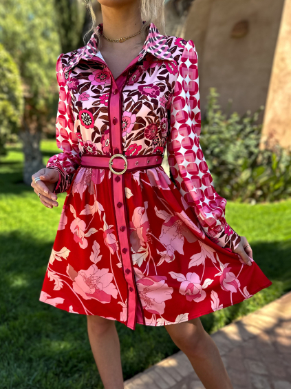 Ružové krátke košeľové šaty FULVIN s opaskom (Veľkosť S/M)