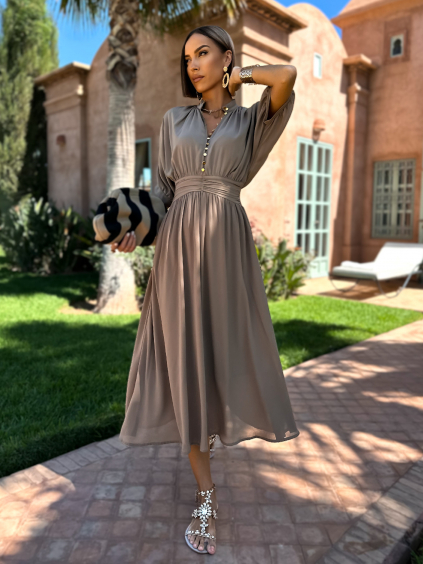 Hnedé dlhé elegantné šaty LARSANET s gombíkmi (Veľkosť S/M)