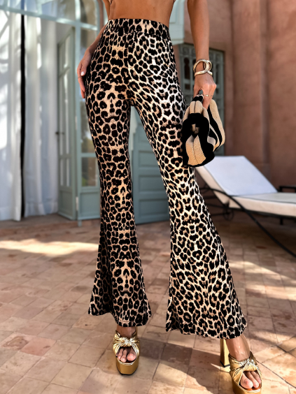 Hnědé zvonové kalhoty MAGNESI s leopardím vzorem (Veľkosť M/L)