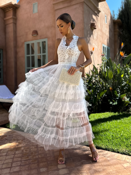Bílé krajkové šaty JODYNY s tylovou sukní (Velikost M/L)