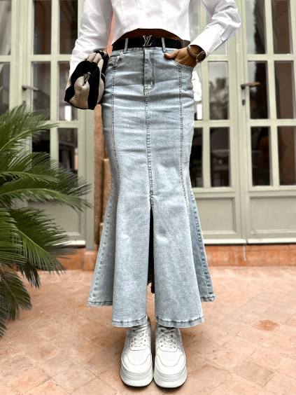 Světlá dlouhá riflová sukně DAMIOS s rozparkem (Velikost L)