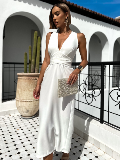 Biele elegantné šaty DIDAC s viazaním okolo krku (Veľkosť ONESIZE)