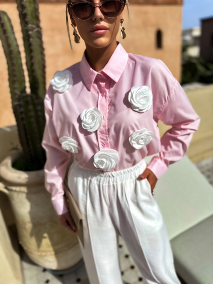 Růžová stylová košile BRUCES s 3D květinami (Velikost M/L)