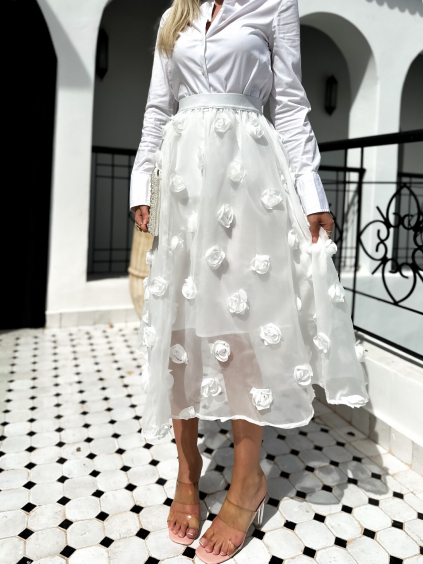 Bílá midi sukně SOLARES s květinami (Velikost M/L)