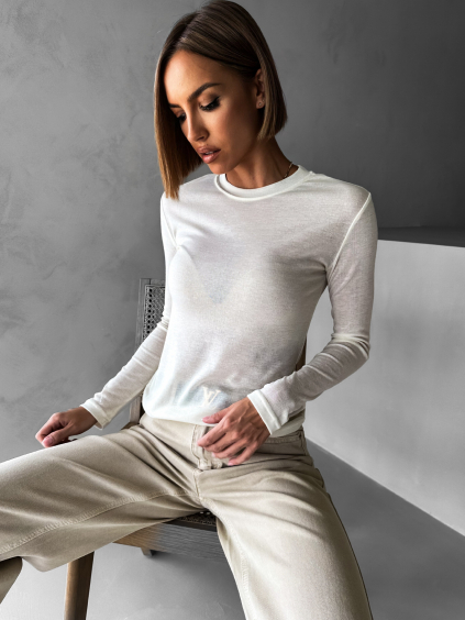 Krémové bavlnené tričko PAZAR s dlhým rukávom (Veľkosť S/M)