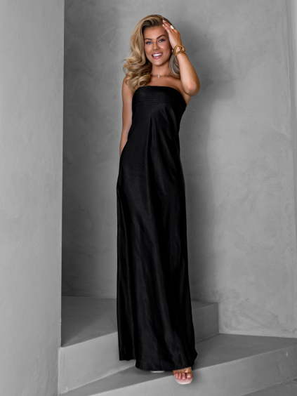 Černé dlouhé saténové lesklé šaty ABIMA (Velikost L)