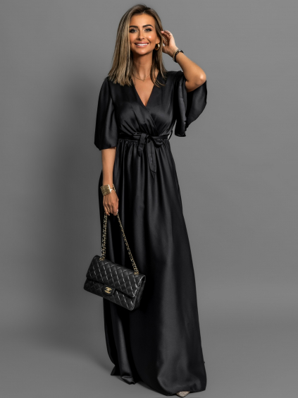 Černé saténové dlouhé šaty GO HOME s krátkým rukávem (Veľkosť ONESIZE)