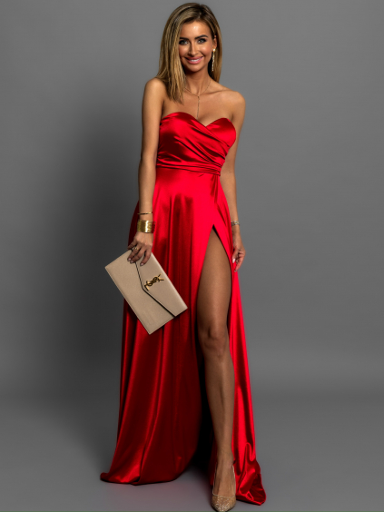 Červené společenské saténové šaty SYCHAEUS bez ramínek (Veľkosť ONESIZE)