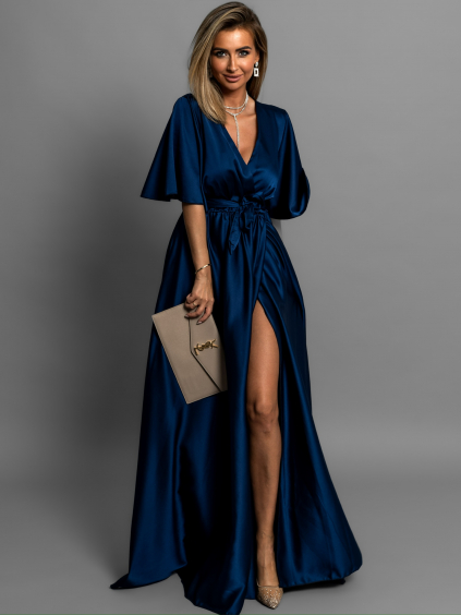 Tmavě modré saténové dlouhé šaty GO HOME s krátkým rukávem (Veľkosť ONESIZE)