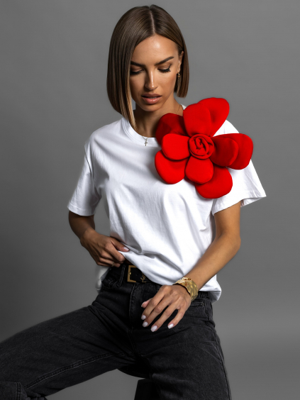 Bílé bavlněné triko SOPRON s 3D květinou (Veľkosť M/L)