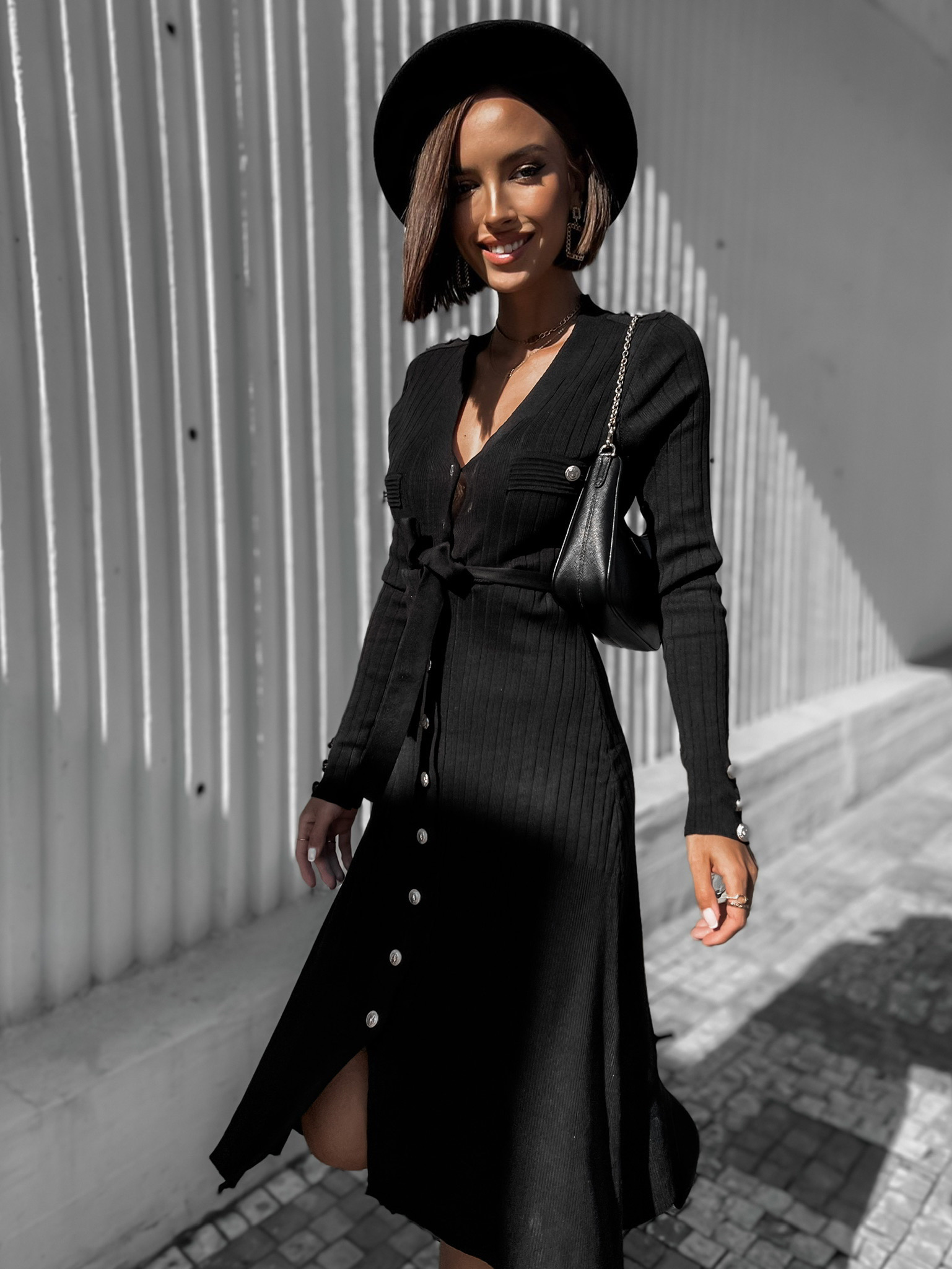Black elegant FLUTER dress with tie