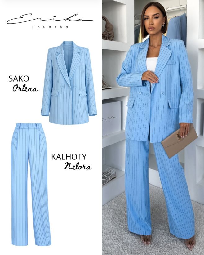 Dokonalý komplet, který spojuje eleganci, moderní střih a svěží barvu 💙🫐 Sako Orlena a kalhoty Nelora vytváří...