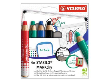 Suchý popisovač na tabuľu a flipchart - STABILO MARKdry 4 ks sada + strúhadlo a