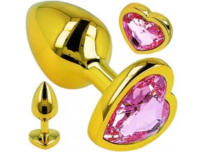 LOLO zlatý anální kolík z nerezové oceli s růžovým diamantem srdíčko - průměr 2,7 cm