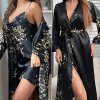 Black Robe Set Nightwear Satin Home Dressing Gown Lady Sexy Chemise Sleepwear Kimono Bathrobe Print Flower.jpg
