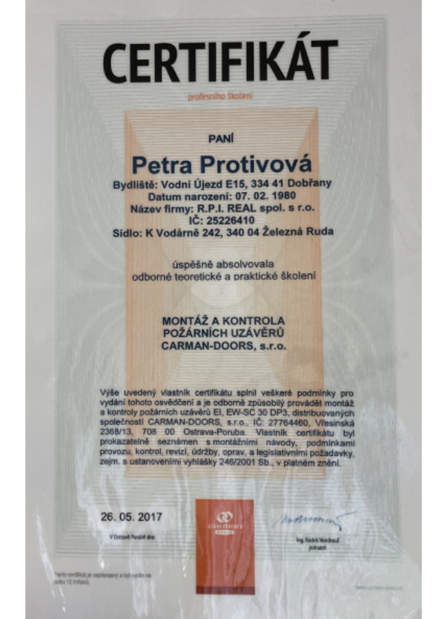 Certifikát Carman Doors