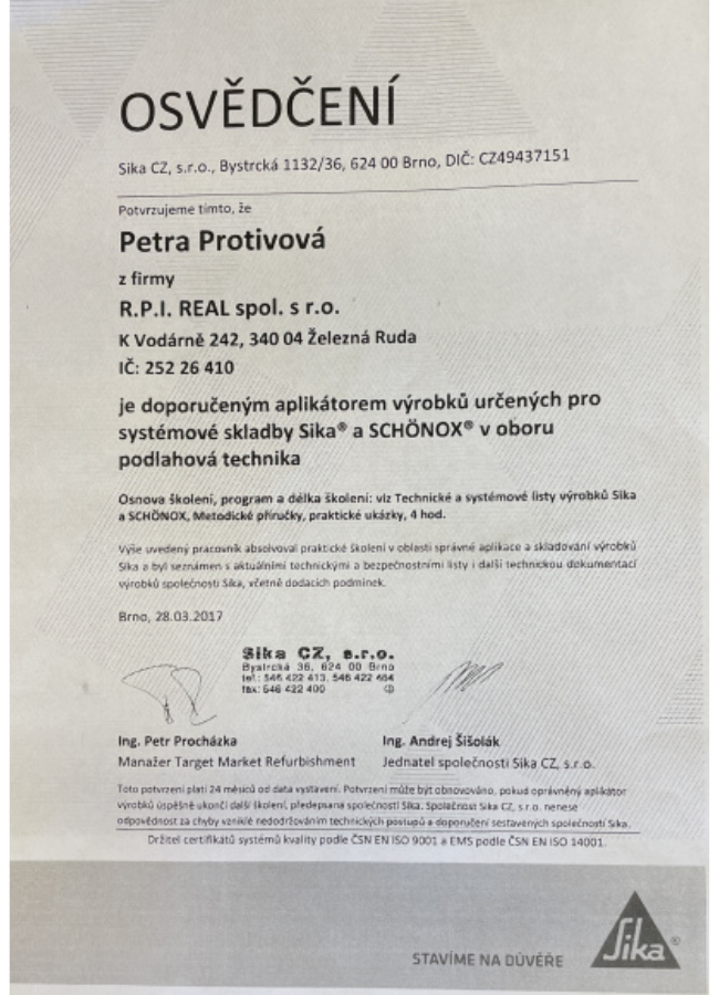Osvědčení R.P.L. REAL