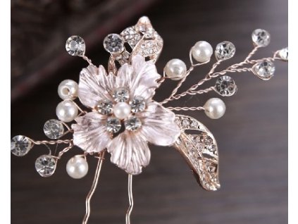 SPONA RŮŽE + PERLIČKY / KAMÍNKY MĚDĚNÁ  Vlasové doplňky 1ks