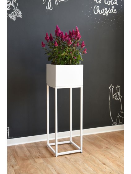Květináč na vysokých nohách ELEVATE SQUARE, ocel, výška 79 cm, bílý mat
