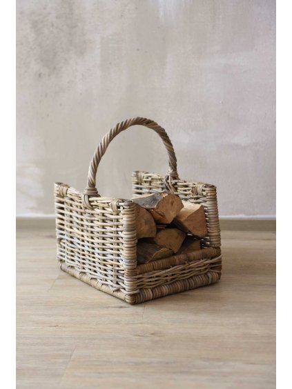Koš na dřevo LUMBER, ratan, délka 45 cm, přírodní šedá