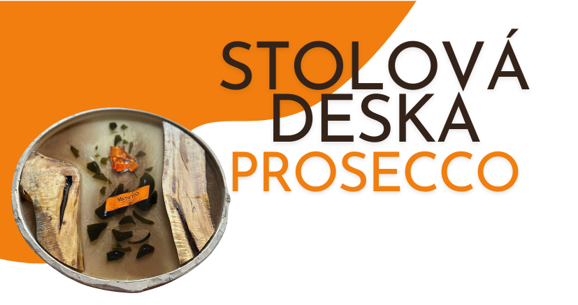 Stolová deska s epoxidem a láhví Prosecca