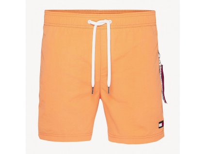 Tommy Hilfiger pánské plavky slim fit - střední délka nohavic - Oranžové (UM0UM01080_617 melon - medium DRAWSTRING SLIM FIT SWIM SHORTS)