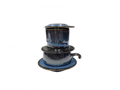 Keramický ručně dělaný modrý kávový phin s šálkem