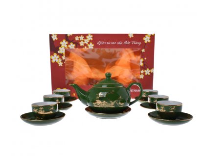 Luxusní čajový set Bat Trang – Zelená se zlatým dekorem