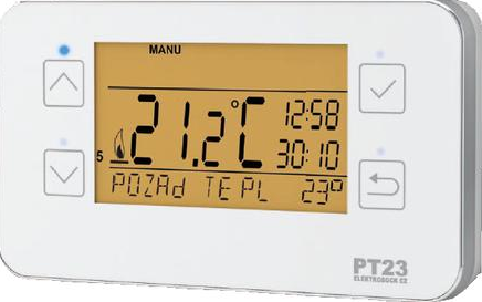 Regulace prostorová Elektrobock týdenní PT23 - drátová 5-39°C/5A/IP20 bílá/podsvícený displej