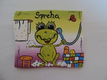 Dřevěná cedulka na dveře - SPRCHA - žába