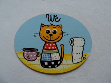 Dřevěná cedulka na dveře - WC - kočka