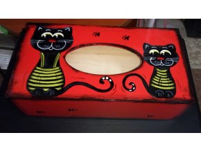 Dřevěná krabička na kapesníky - červená kočky
