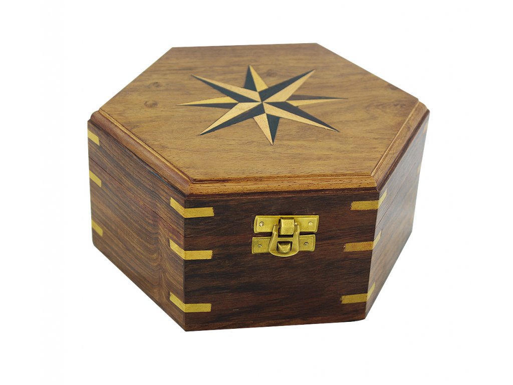 Dřevěná truhla - box s větrnou růžicí 18,5 cm 9362