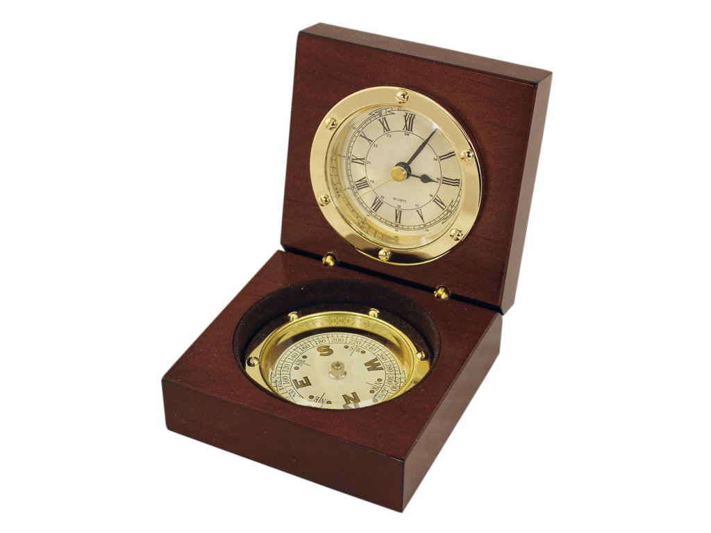 Kompas s hodinami - mosaz a dřevo 1207